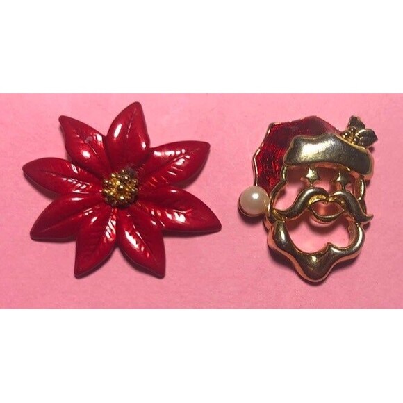 2 Christmas brooches or pins-Santa & Poinsettia-EUC - Picture 1 of 3
